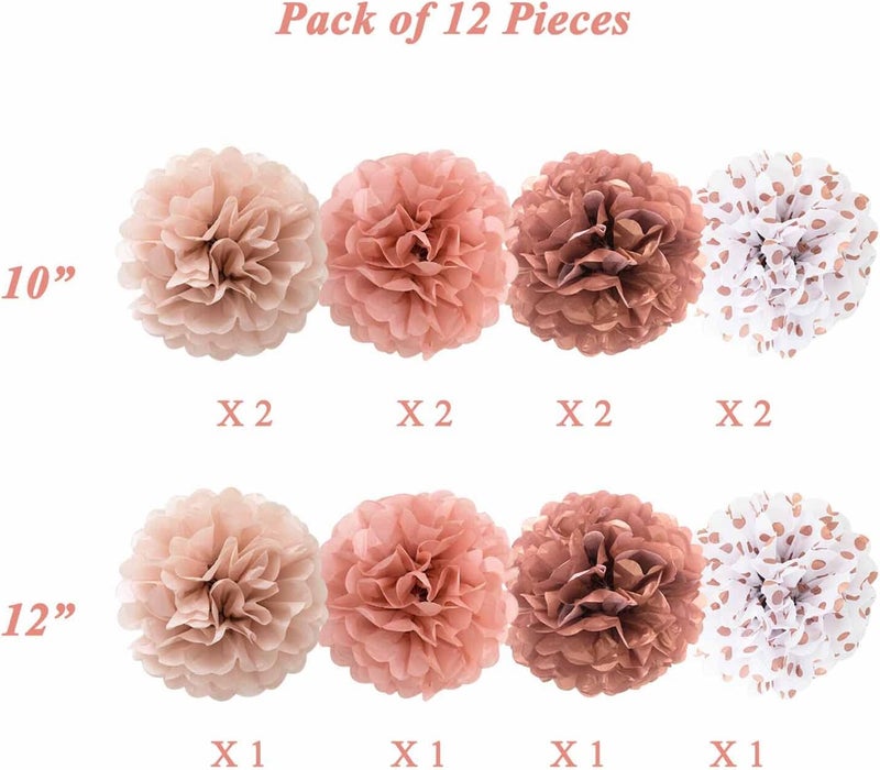 ANSOMO Rose Gold Tissue Paper Pom Poms Flowers Dusty Pink Coral Polka Dot Wall Hanging Wedding Birthday Bridal Baby Shower Party Decorations 12" 10" Pack of 12 - Image 3
